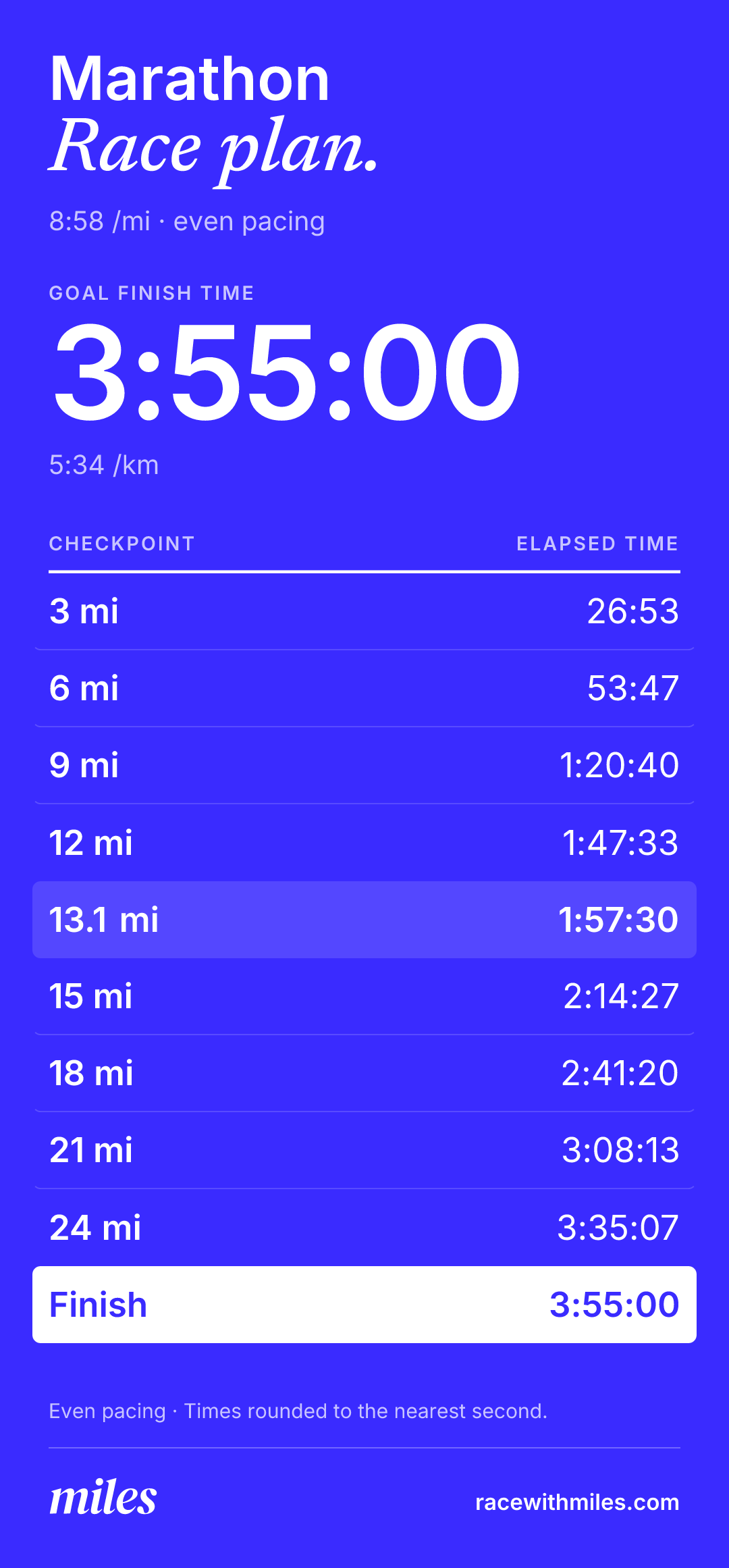 3:55 marathon race plan: 8:58 per mile, 5:34 per kilometer, halfway in 1:57:30. Checkpoints every 3 miles plus halfway.
